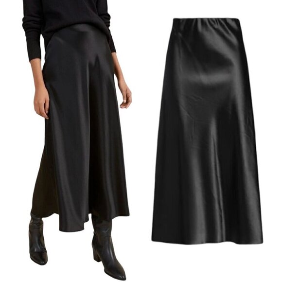 NEW Satin Maxi Skirt Sz. L Black Elastic Waist A-Line Classic Goth Feminine - Picture 1 of 11
